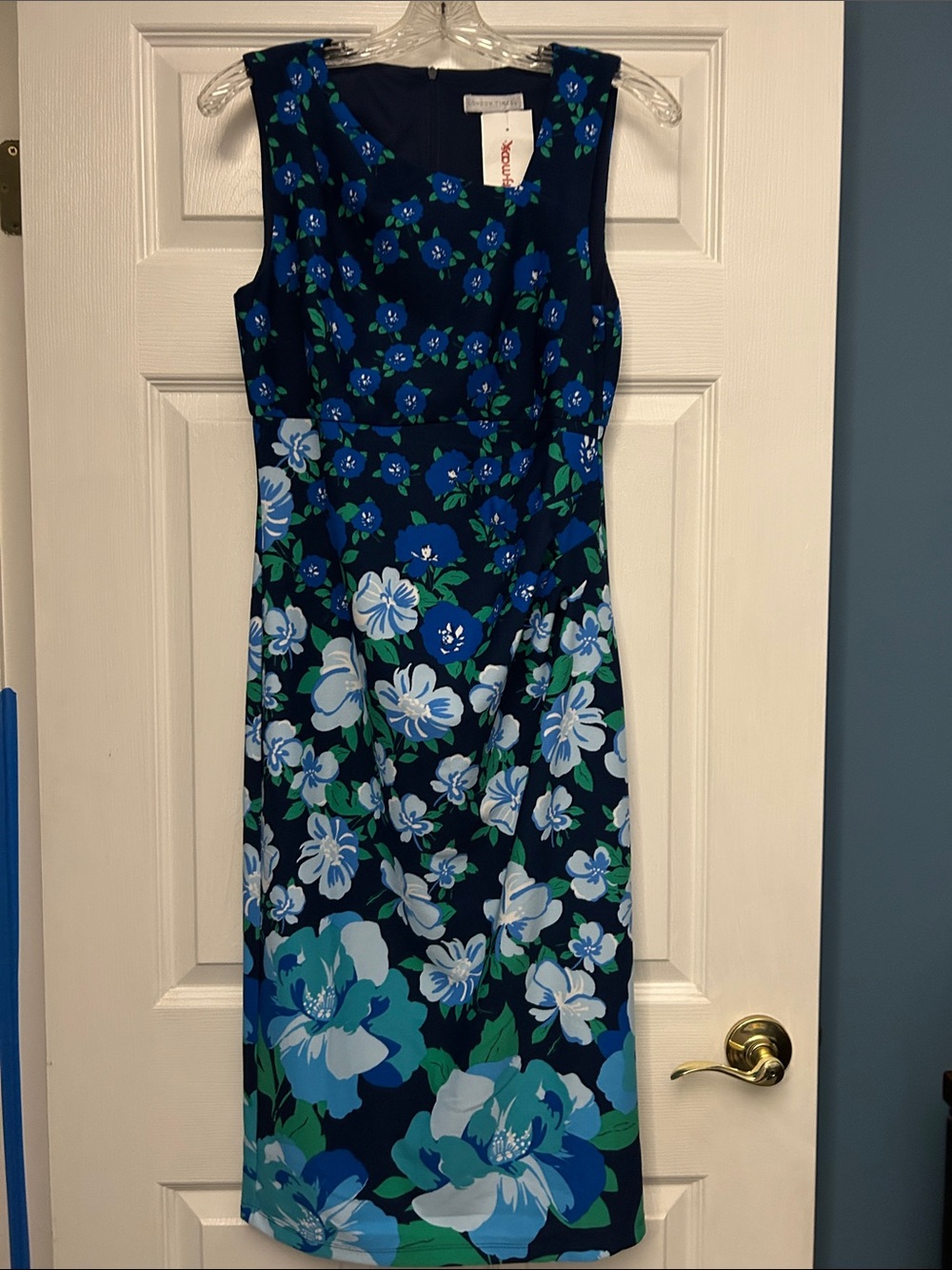 London Times Navy Floral Midi Dress with Blue and Green Blooms